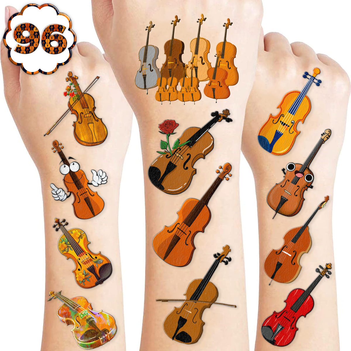 96PCS Violin Temporary Tattoos Stickers Music Theme Birthday Party Decorations Favors Supplies Decor Musical Instrument Orchestral Violinist Tattoo Gifts For Kids Boys Girls School Prizes Carnival