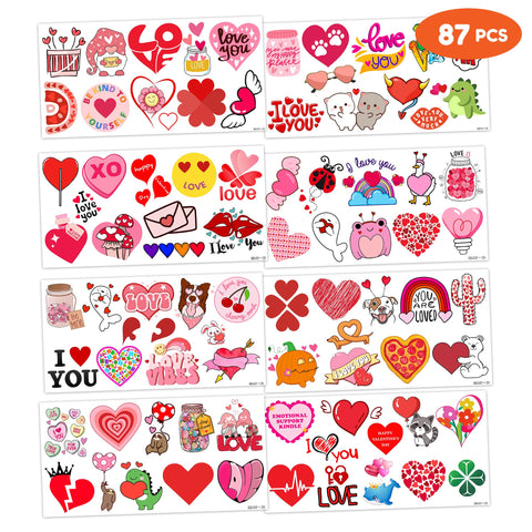 Heart Temporary Tattoos 8 Sheets 87 PCS Valentine Party Decorations Supplies Favors Red Heart Love Theme Birthday Cute Stickers Christmas Gifts for Boys Girls Class School Prizes Carnival