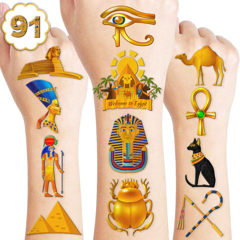 91PCS Ancient Egypt Egyptian Temporary Tattoos Theme Birthday Party Decorations Favors Supplies Decor Pharaoh Sphinx Pyramid Tattoo Stickers Gifts For Kids Adults Boys Girls School Prizes Carnival