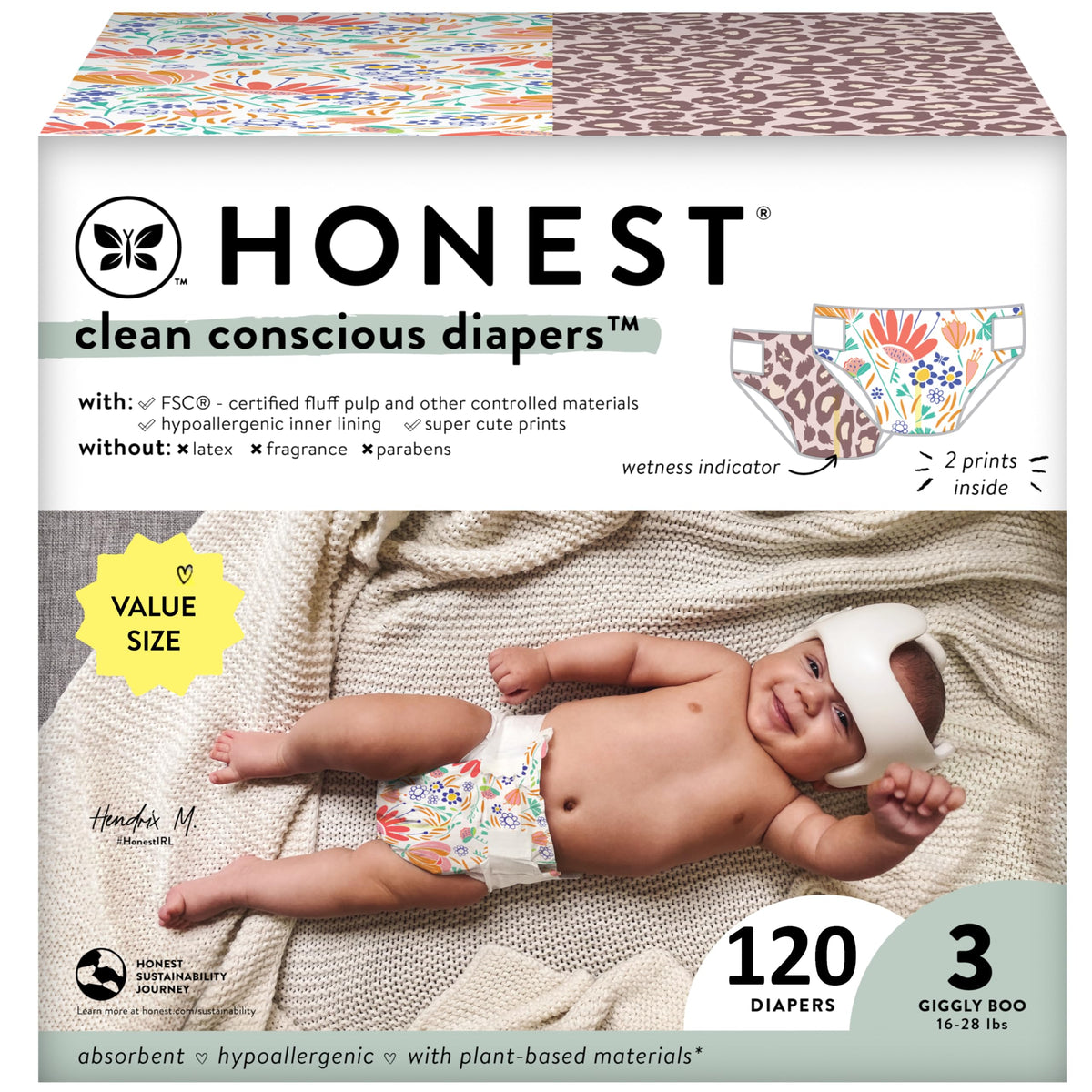 The Honest Company Clean Conscious Diapers | Plant-Based, Sustainable | Wild Thang + Flower Power | Super Club Box, Size 3 (16-28 lbs), 120 Count