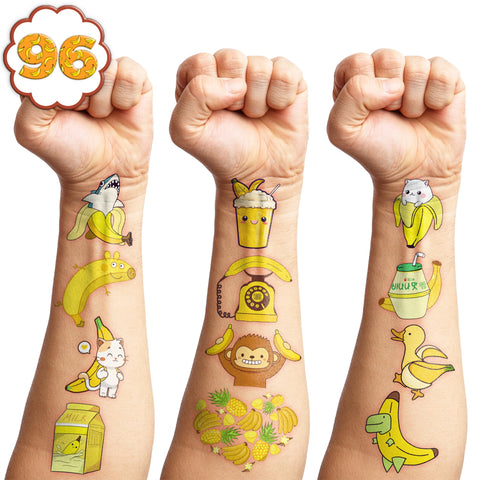 Cute Banana Temporary Tattoos 8 Sheets 90PCS Yellow Banana Party Decorations Supplies Favors Fruits Theme Birthday Cute Stickers Christmas Gifts for Boys Girls Class School Prizes Carnival