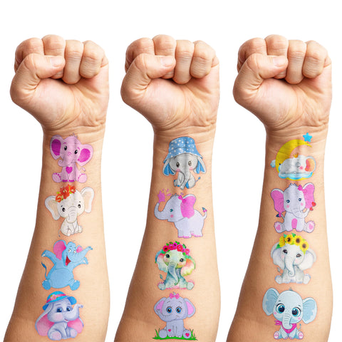 96 PCS Cute Temporary Tattoos Baby Elephant Tattoo Theme Shower 1st Birthday Party Decorations Supplies Favors Decor Funny Pink Blue Animal Stickers Gifts For Kids Girls Boys Classroom Prizes Carnival