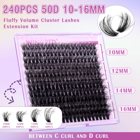 Fluffy Lash Extension Kit Lash Clusters Thick Individual Lashes 10-16mm Eyelashes Extension Kit 50D Wispy Mink Lash Kit Cluster Lashes with Lash Bond and Seal Lash Remover by Winifred