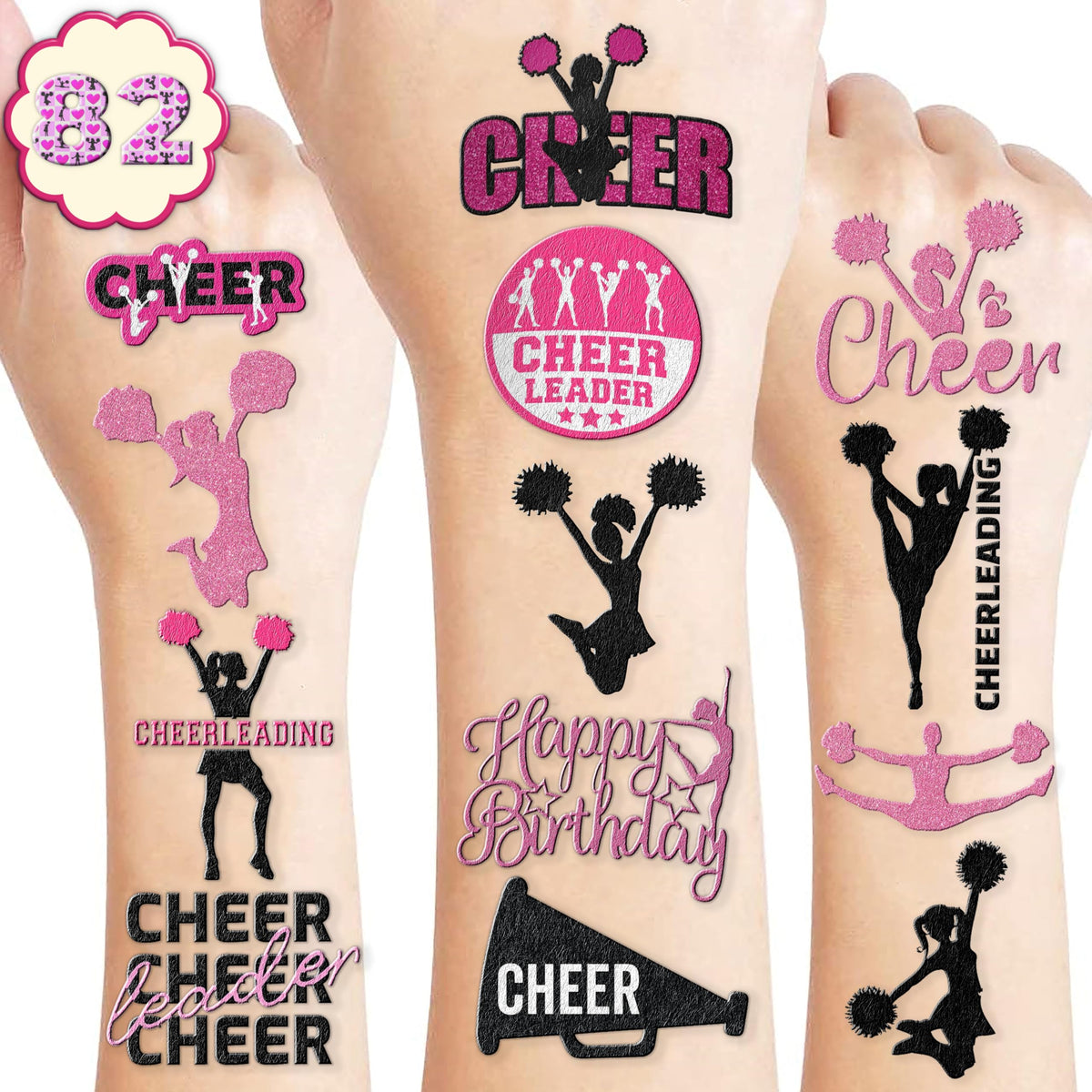 Cheerleading Temporary Tattoos 8 Sheets 82 PCS Cheer Party Decorations Supplies Favors Team Spirit Theme Birthday Cute Stickers Christmas Gifts for Boys Girls Class School Prizes Carnival