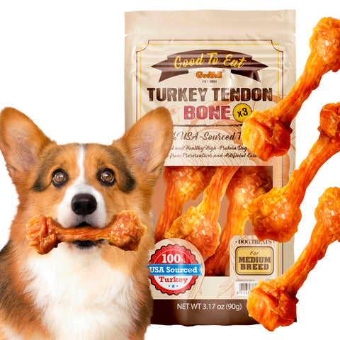 Gootoe Turkey Tendon Dog Treats - 100% USA-Sourced, Natural Snack, Premium Training Chews, Hypoallergenic, Reseal Value Bags, Sizes for Small Medium & Large Dogs, Bone (Medium) 3 Unit/Pack