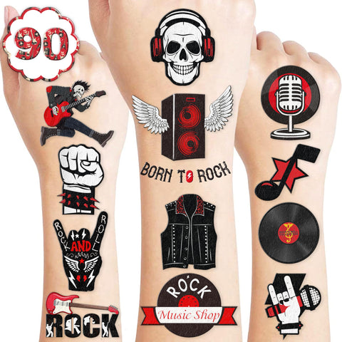 90 PCS Born To Rock N Roll Rocks Temporary Tattoos Themed Music Band Birthday Party Decorations Favors Supplies Decor Rockstar Guitar Tattoo Stickers Gifts For Kids Boys Girls School Prizes Carnival