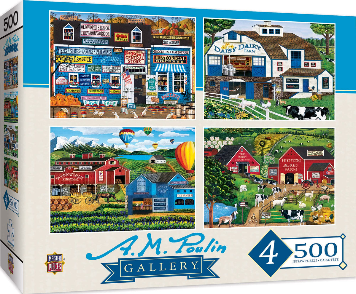 MasterPieces 2000 Piece Jigsaw Puzzle for Adults, Family, Or Youth - Fun Folk Art Am Poulin 4-Pack - 14"x19"