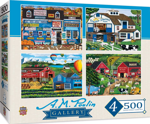 MasterPieces 2000 Piece Jigsaw Puzzle for Adults, Family, Or Youth - Fun Folk Art Am Poulin 4-Pack - 14"x19"