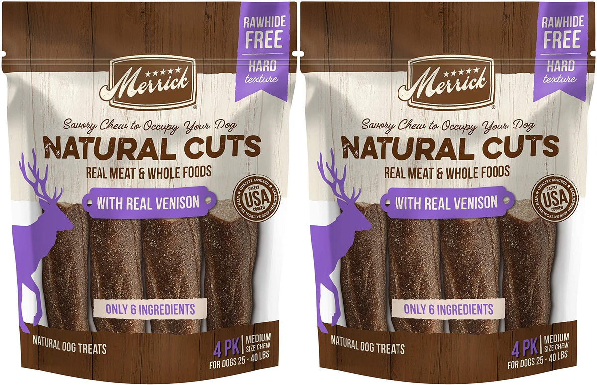 Merrick 2 Pack of Real Venison Natural Cuts Rawhide-Free Hard Dog Treats, 4 Medium Chews Each, Made in The USA