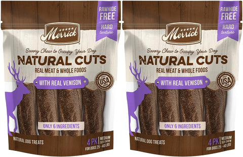 Merrick 2 Pack of Real Venison Natural Cuts Rawhide-Free Hard Dog Treats, 4 Medium Chews Each, Made in The USA