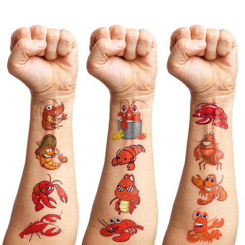 100PCS Seafood Crawfish Boil Temporary Tattoos Stickers Themed Birthday Party Supplies Favors Decorations Summer Crayfish Lobster Shrimp Tattoo Sticker Gifts For Boys Girls School Prizes Carnival