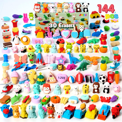 JOYIN 144 Pcs Animal Erasers for Kids, 3D Cute Mini Pencils Erasers Bulk, Desk Pets Take Apart Erasers Puzzle for Classroom Rewards Back to School Supplies Party Favors Treasure Box Toys Gifts