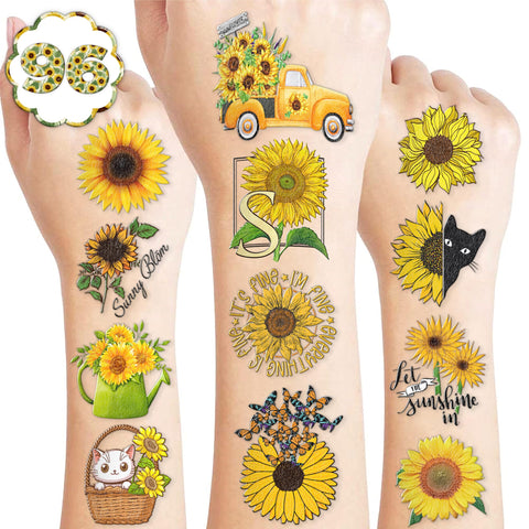 100PCS Yellow Sunflower Temporary Tattoos Stickers Theme Garden Birthday Party Decorations Favors Supplies Spring Summer Sun Sunshine Flower Tattoo Sticker Gifts For Boys Girls School Prizes Carnival