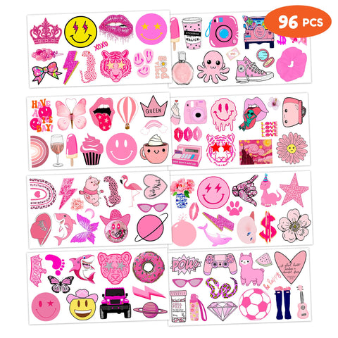 96 PCS Pink Preppy Bachelorette Princess Temporary Tattoos Theme Birthday Party Decorations Supplies Favors Decor Cute Girl Pastel Face Tattoo Stickers Gifts for Kids Girls Boys School Prizes Carnival