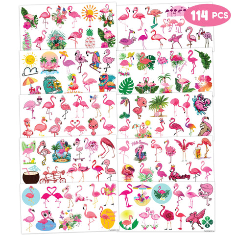 114 PCS Flamingo Temporary Tattoos Sticker Hawaiian Summer Tropical Luau Birthday Party Decorations Supplies Favors Gifts Ideas Girls Boys Baby Showers Prizes Cute Tattoo School Reward Themed