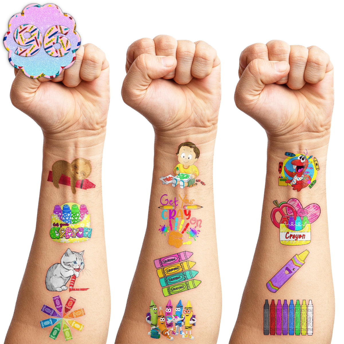 94 PCS Funny Art Crayon Temporary Tattoos Sticker Crayon Painting Birthday Party Decorations Favors Supplies Celebration Gifts Boys Girls Baby Shower Cute Tattoo School Prizes Reward Themed