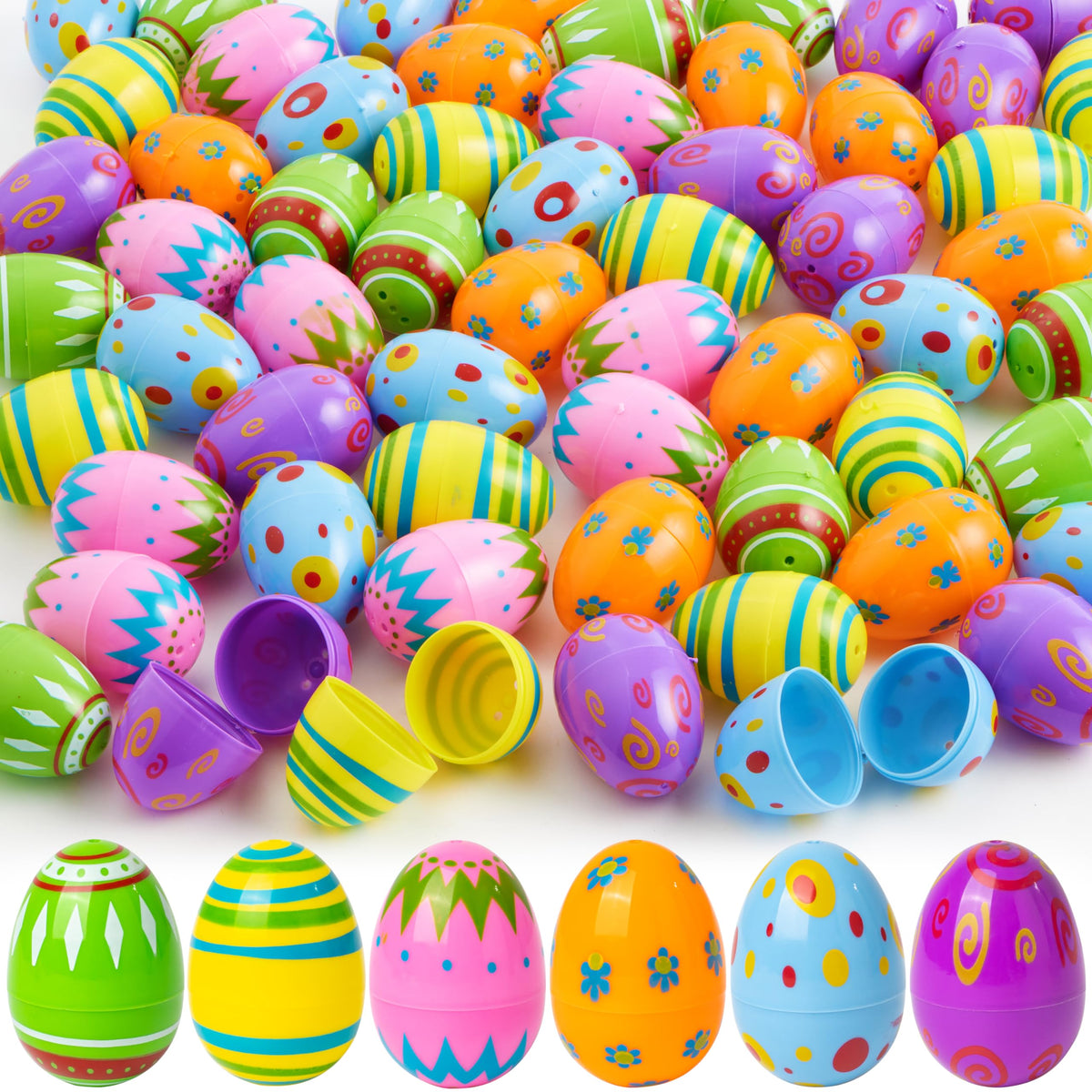 JOYIN 200 Easter Printed Plastic Eggs Basket Stuffer for Easter Egg Hunt Event, Party Favor Goodie Bags, Scene and Decoration, School Parties Prizes and Classroom Rewards