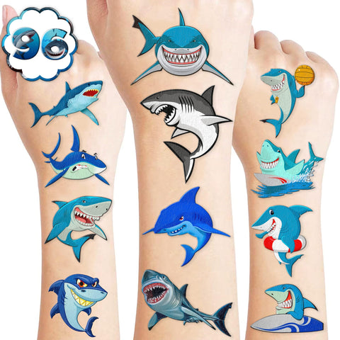 Cute Shark Temporary Tattoos Stickers Theme Blue Ocean Birthday Party Decorations Favors Supplies Decor 96PCS Cool Funny Under Sea Fish Animals Tattoo Gifts For Kids Boys Girls School Prizes Carnival