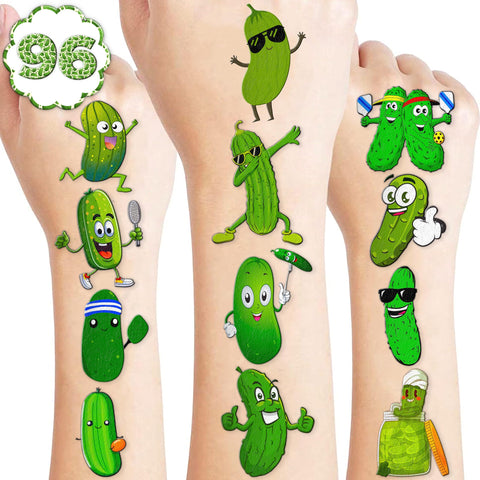 Funny Pickle Temporary Tattoos Stickers Themed Birthday Party Decorations Supplies Favors Decor 96PCS Cool Green Pickles Cucumber Fruits Tattoo Gifts For Kids Adults Boys Girls School Prizes Carnival