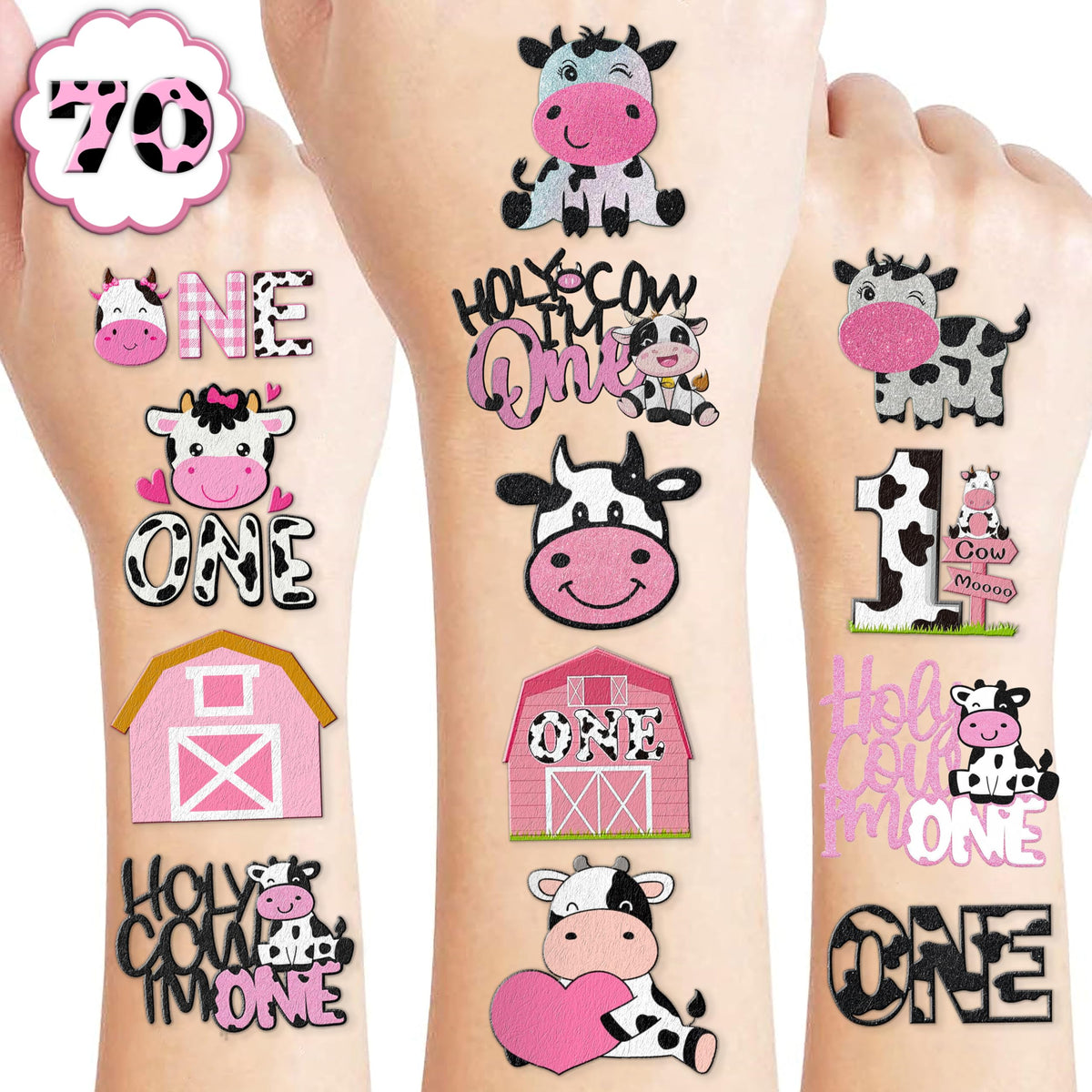 Holy Cow Im One Temporary Tattoos 8 Sheets 70 PCS Cow First Party Decorations Supplies Favors Farm Cow Theme Birthday Cute Stickers Christmas Gifts for Boys Girls Class School Prizes Carnival