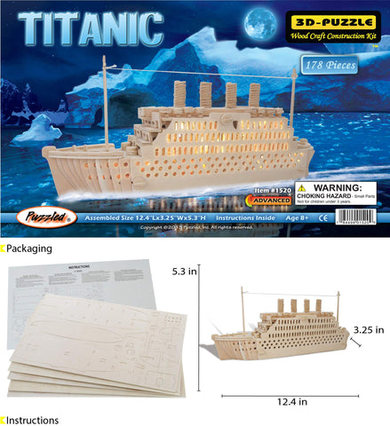 Puzzled 3D Puzzle Titanic Wood Craft Construction Model Kit, Fun Unique & Educational DIY Wooden Toy Assemble Model Unfinished Crafting Hobby Boat Puzzle to Build & Paint for Decoration 178 Pieces