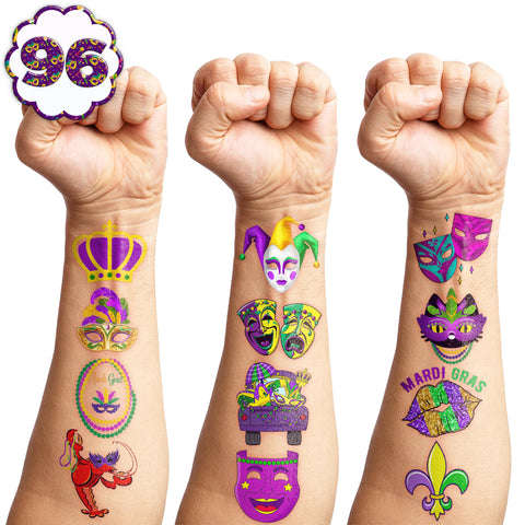 105 PCS Mardi Gras Temporary Tattoos Sticker Fat Tuesday, Festival, Carnival, Mardi Gras Birthday Party Decorations Supplies Favors Gifts Ideas Girls Boys Cute Tattoo School Reward Themed