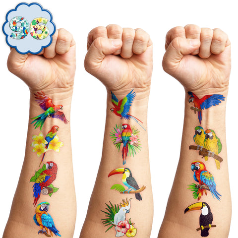 105 PCS Parrot Tropical Bird Temporary Tattoos Themed Birthday Party Decorations Supplies Favors Decor Cute Luau Hawaiian Toucan Tattoo Stickers Gifts For Boys Girls Classroom School Prizes Carnival