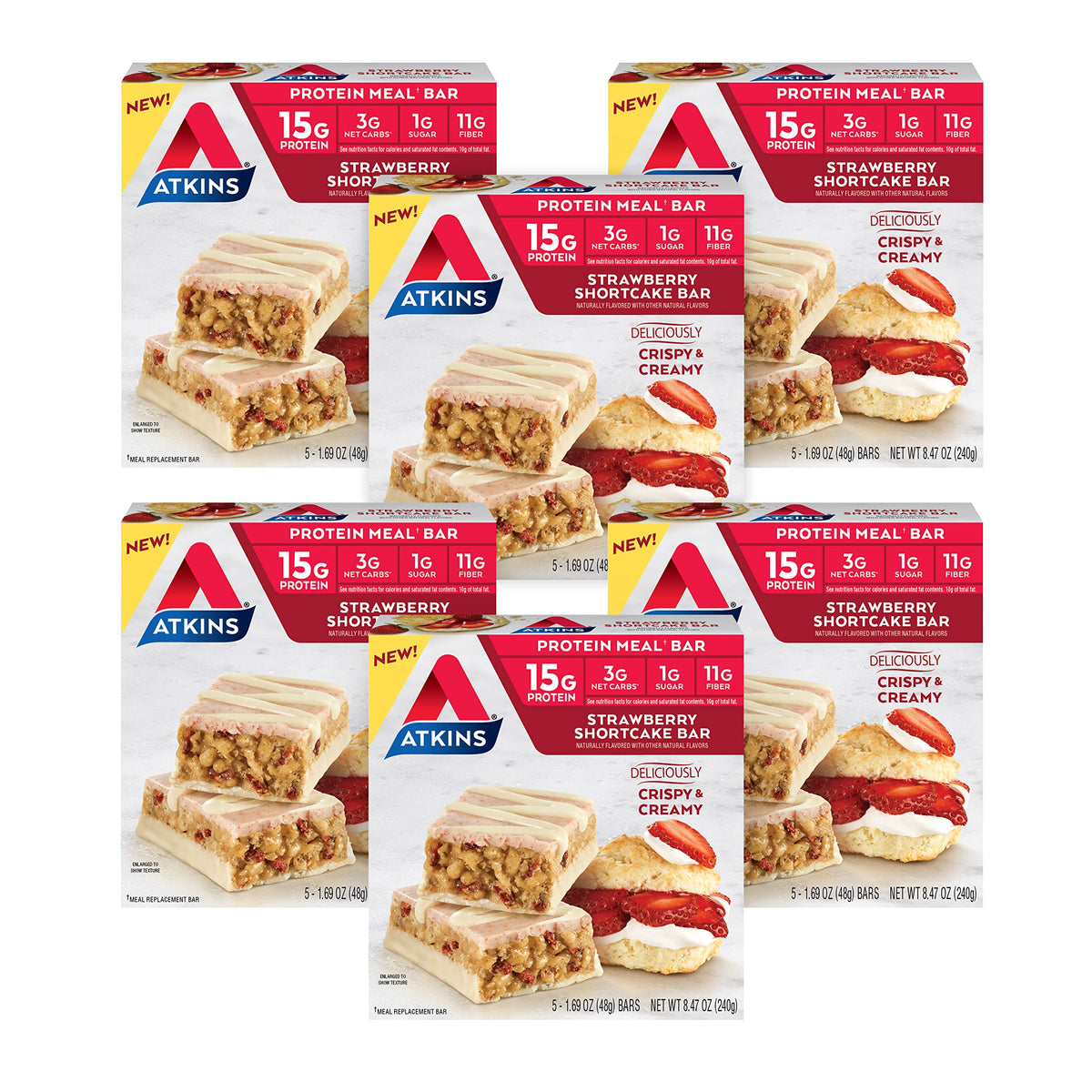 Atkins Strawberry Shortcake Protein Meal Bar, High Fiber, 1g Sugar, 3g Net Carb Meal Replacement, Keto Friendly, 30 Count