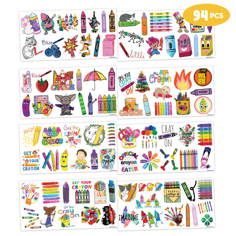 94 PCS Funny Art Crayon Temporary Tattoos Sticker Crayon Painting Birthday Party Decorations Favors Supplies Celebration Gifts Boys Girls Baby Shower Cute Tattoo School Prizes Reward Themed