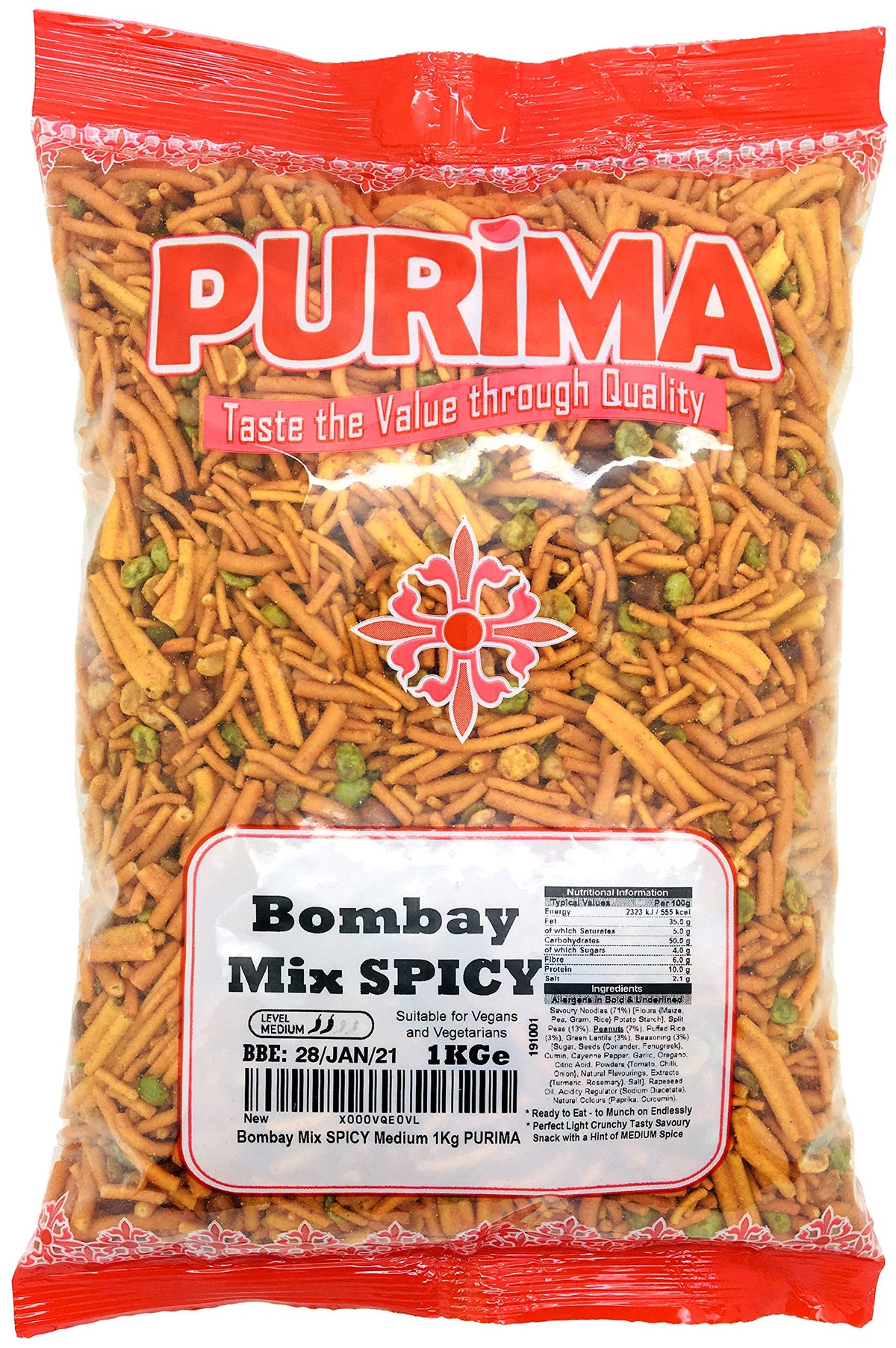 Bombay Mix SPICY Medium 1Kg Crunchy Chilli Snack PURIMA