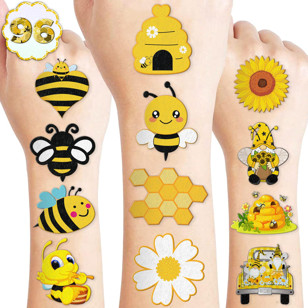 96PCS Happy Bee Day One Temporary Tattoos Honey Bees First Theme Birthday Party Decorations Favors Supplies Decor Cute Bumble Tattoo Stickers Gifts for Boys Girls Kids School Prizes Carnival Christmas