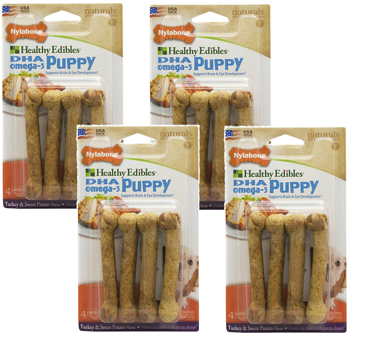 16 Count Nylabone Healthy Edibles Turkey and Sweet Potato Flavored Puppy Dog Treat Bones, Size Petite - (4 Packs with 4 per Pack)