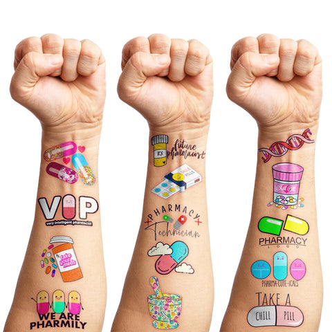 96PCS Funny Future Pharmacist Pharmacy Stickers Temporary Tattoos Happy Birthday Party Decorations Supplies Favors Decor Doctor Nurse Tattoo Gifts For Graduation Kids Adults Boys Girls Prizes Carnival