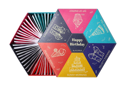 Acorus | Happy Birthday Tea Set | Tea Gift Set Selection of 6 flavors - Fruit, Herbal and Black Tea with Warm Wishes Written all Over the Box | Large Selection Tea Box with 60 Tea Bags