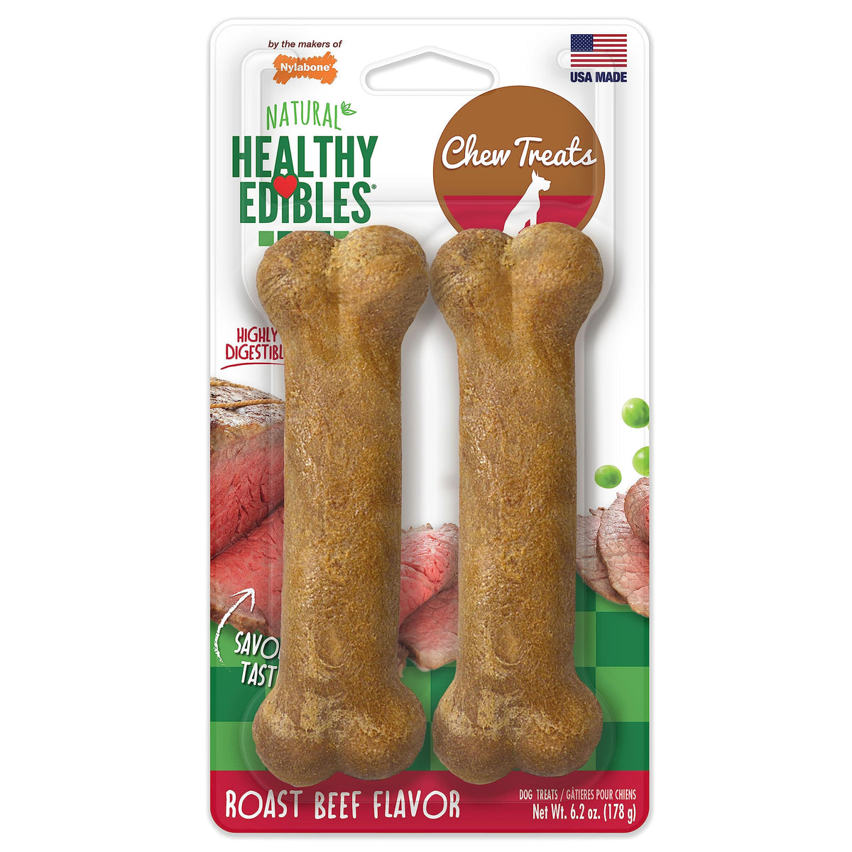 Nylabone Healthy Edibles Long-Lasting Dog Treats - Natural Dog Treats for Medium Dogs - Dog Products - Roast Beef Flavor, Medium/Wolf (2 Count)