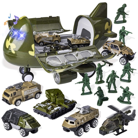 JOYIN 7PCS Military Friction Powered Transport Cargo Airplane Toy with Die-cast Military Cars Including 6 Diecast Military Vehicle Toys and Army Men Figures for Combat Toy Imaginative Play