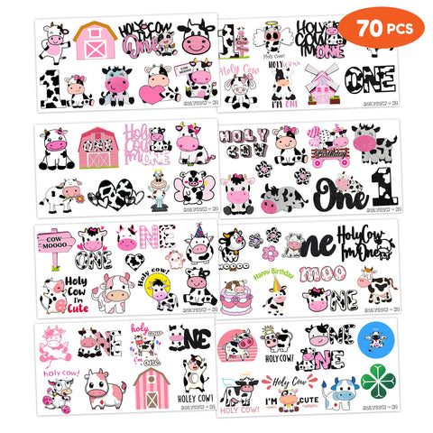 Holy Cow Im One Temporary Tattoos 8 Sheets 70 PCS Cow First Party Decorations Supplies Favors Farm Cow Theme Birthday Cute Stickers Christmas Gifts for Boys Girls Class School Prizes Carnival