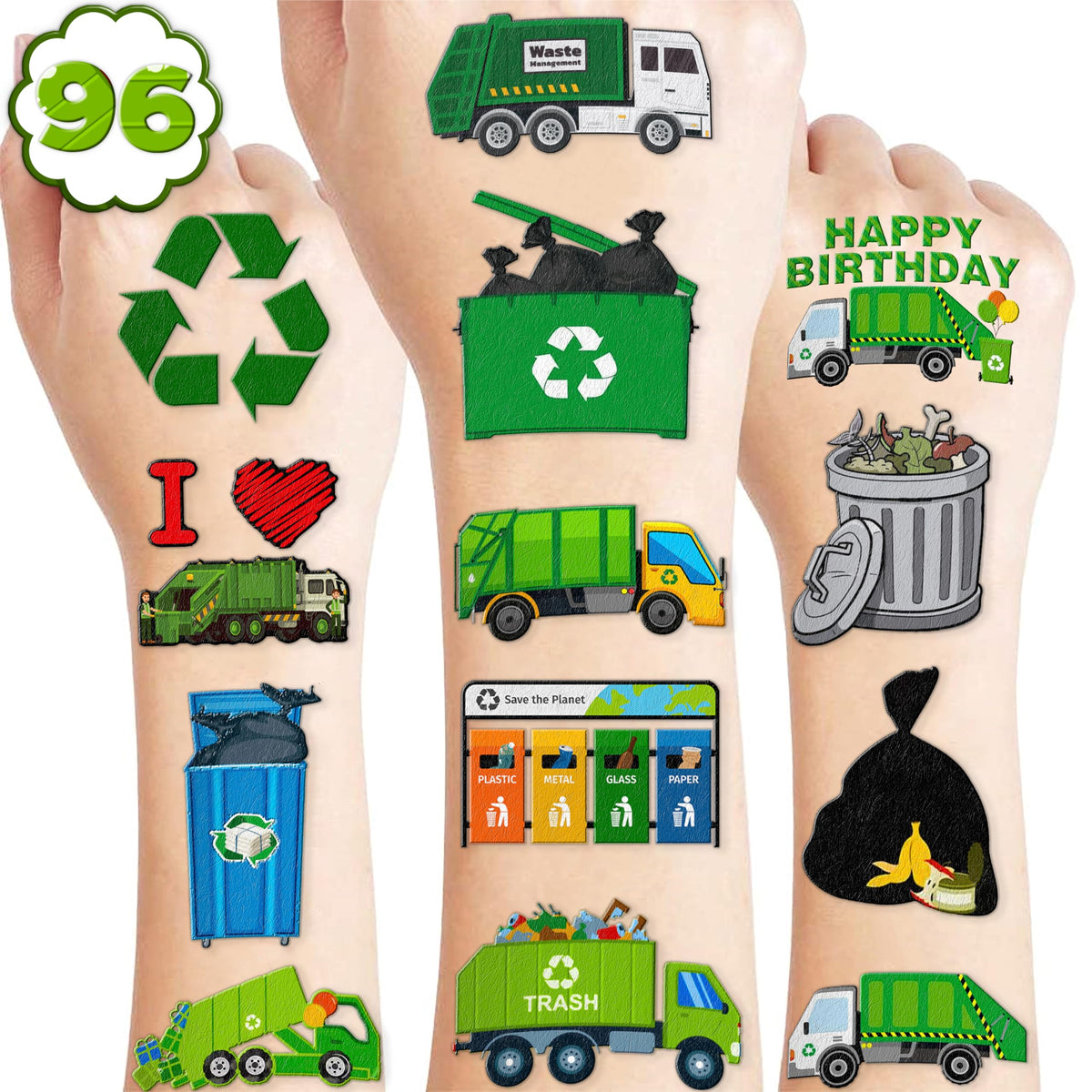 111 PCS Garbage Truck Trash Temporary Tattoos Themed Birthday Party Supplies Decorations Favors Decor Cute Waste Management Recycling Tattoo Stickers Gifts For Boys Girls Class Prizes Carnival