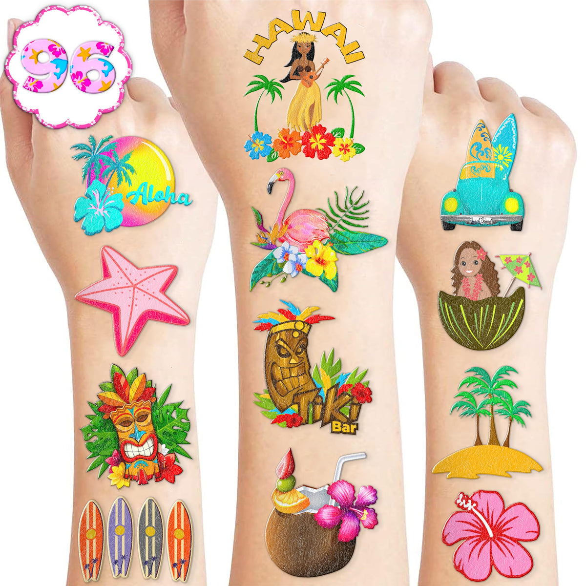 102PCS Hawaiian Coconut Girl Temporary Tattoos Theme Summer Tiki Birthday Party Decorations Supplies Favors Decor Tropical Beach Tattoo Stickers Gifts For Kids Adults Boys Girls School Prizes Carnival