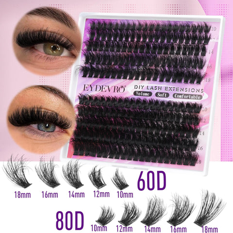 Eyelash Extension Kit Fluffy Lash Extension Kit D Curl Lash Clusters Kit Thick Volume Individual Lashes 200 Pcs DIY Lash Extension Kit with Lash Bond and Seal Lash Tweezers (60D80D,10-18mm) by EYDEVRO