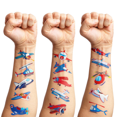 100PCS Airplane Temporary Tattoos Stickers Plane Travel Themed Birthday Party Decorations Favors Supplies Cool Jet Helicopter Aircraft Tattoo Sticker Gifts For Kids Boys Girls School Prizes Carnival