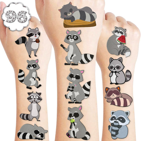 96PCS Cute Funny Raccoon Temporary Tattoos Stickers Themed Birthday Party Decorations Supplies Favors Decor Woodland Wildlife Animals Tattoo Gifts For Kids Adults Boys Girls School Prizes Carnival