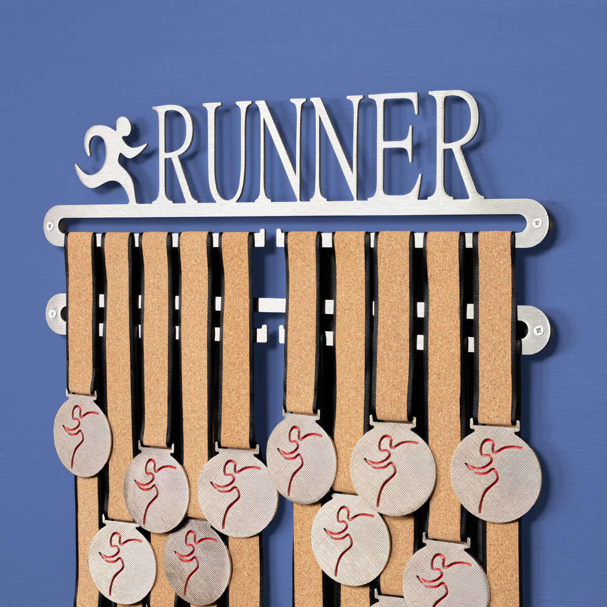 Running Medal Holder Double hanger - Marathon, half, 26.2, 10k, 5k - Wall Mounted Medals Display Holder, Elegant Brushed Stainless Steel Runner Rack Showcase Organizer - Running Gift for Runners