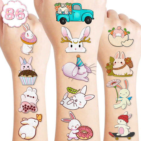 Bunny Temporary Tattoos 8 Sheets 85PCS Rabbit Bunny Party Decorations Favors Supplies Easter Bunny Theme Birthday Cute Tattoo Stickers Christmas Gifts for Boys Girls Kids Class School Prizes Carnival