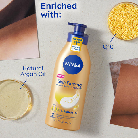 NIVEA Skin Firming Melanin Beauty and Hydration Body Lotion with Q10 and Argan Oil, Firmer Skin in as Little As Two Weeks, 16.9 Fl Oz Bottle