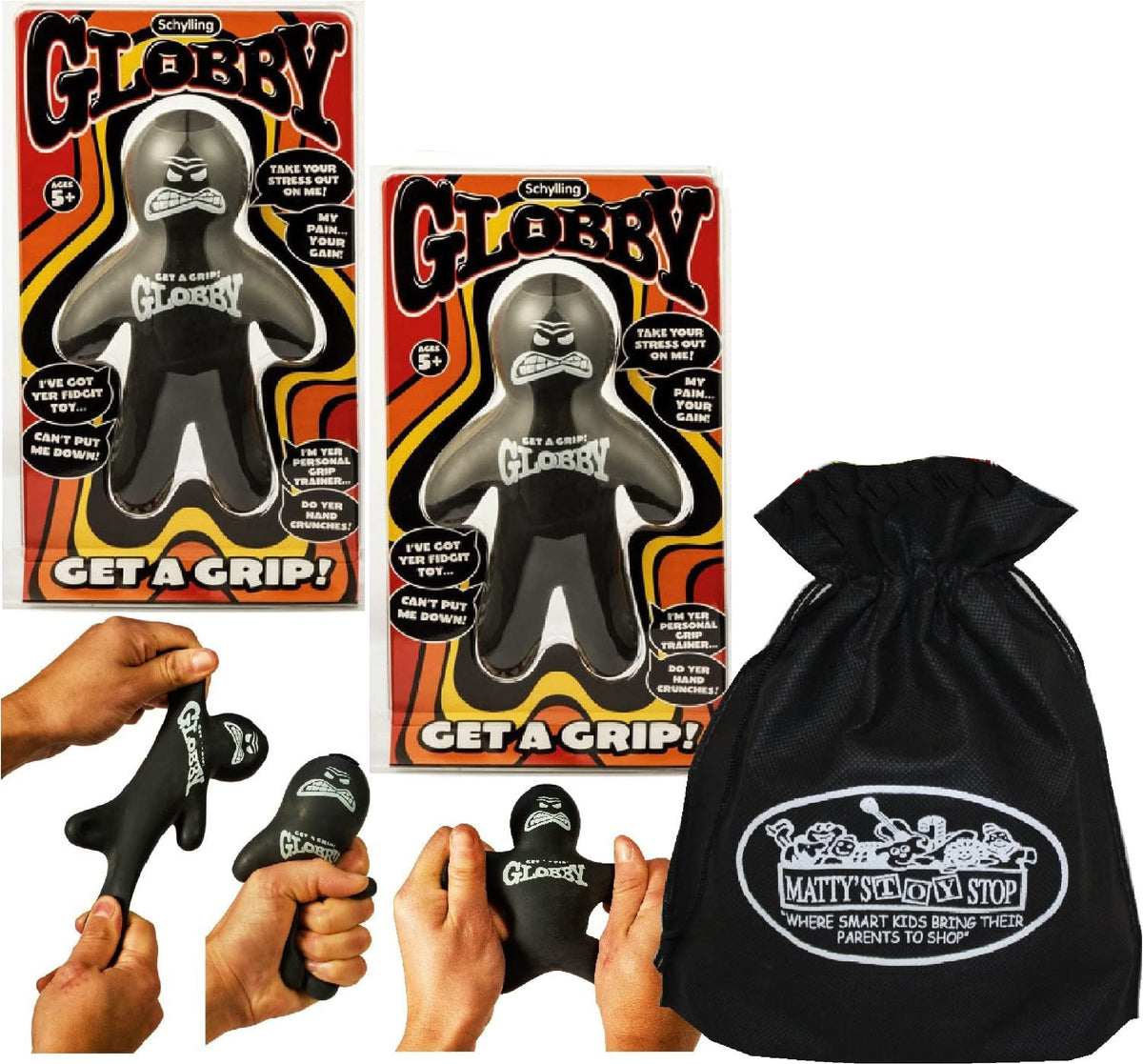 Schylling Globby Guy (Get A Grip & Stretch to Remove Stress) Gift Set Bundle with Exclusive Matty's Toy Stop Storage Bag - 2 Pack