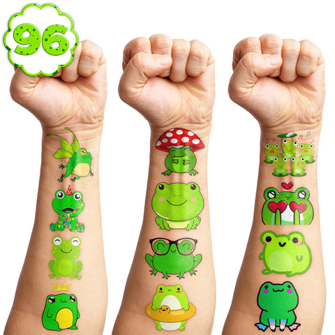 102 PCS Frog Temporary Tattoos Birthday Party Decorations Favors Supplies Decor Green Frog Princess Reptile Stickers For Teacher Boys Girls Gift School Prizes Rewards