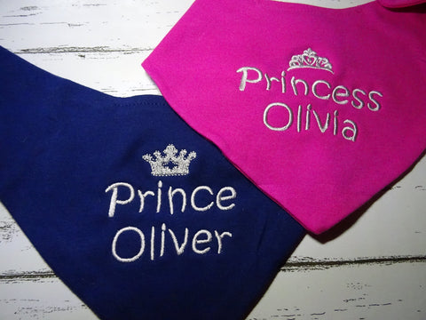 Personalised Embroidered Bandana Bib - Navy Blue Prince with Crown and Cerise Pink Princess with Tiara Design - **Add Any Name** (Navy Blue Prince)