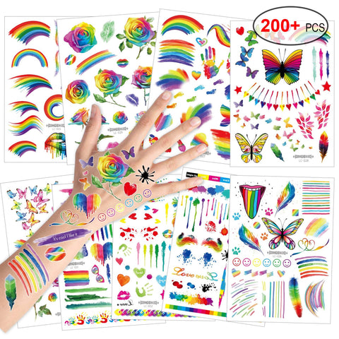 200+ Pieces Rainbow Temporary Tattoos, Konsait Butterfly/Flower/Heart/Rainbow Tattoos Waterproof Body Art Sticker for Girls Boys Birthday Party Favors Pride Equality Parades Celebrations