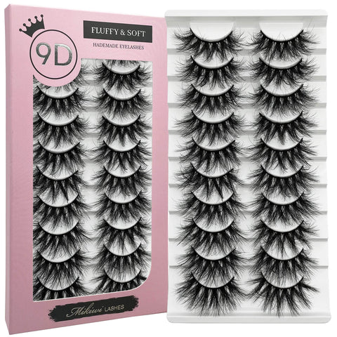 Fluffy Lashes Mikiwi Faux Mink Eyelashes, 9D Volume Fluffy Eyelashes, Faux Mink Lashes Wispy EyeLashes, Reusable Long 22mm lash Pack